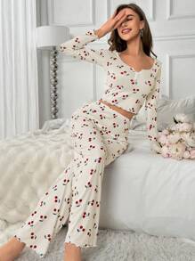 CottageSlumber Cherry Print Ruffle Collar Long Sleeve Pajama Set Cozy And Elegant Details, Fall Winter Clothes - Apricot - View 6