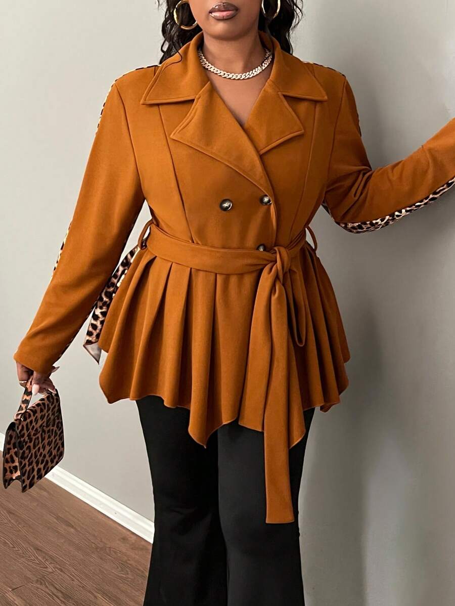 Slaydiva Plus Size Women's Elegant & Casual & Party Windbreaker Jacket, Collared, Ruched Asymmetric Hem, Solid Color & Leopard Print Patchwork, With Belt, Suitable For Autumn/Winter - Brown - View 1