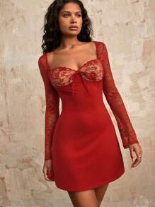 Opulessa Vestido mini de mujer con mangas acampanadas de encaje y contraste para vacaciones