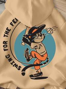 SHEIN Leap Crew ModeFlare Wear Tween Boy Casual Minimalist Wildcat Baseball Player Cartoon Graphic Thick Hoodie, Stylish And Cute, Suitable For Autumn/Winter, Back Of Clothes - Camel - View 4