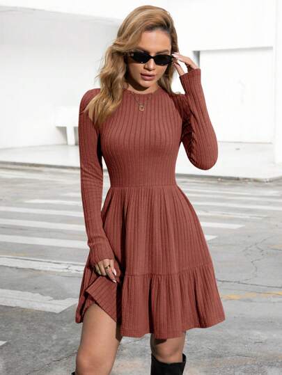 SHEIN Essnce Women Solid Color Round Neck Rib Knit Long Sleeve Dress