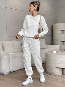 SHEIN LUNE 2pcs/Set Women Casual Letter Embossed Round Neck Long Sleeve Top And Pants Outfit, Loose Fit, Autumn