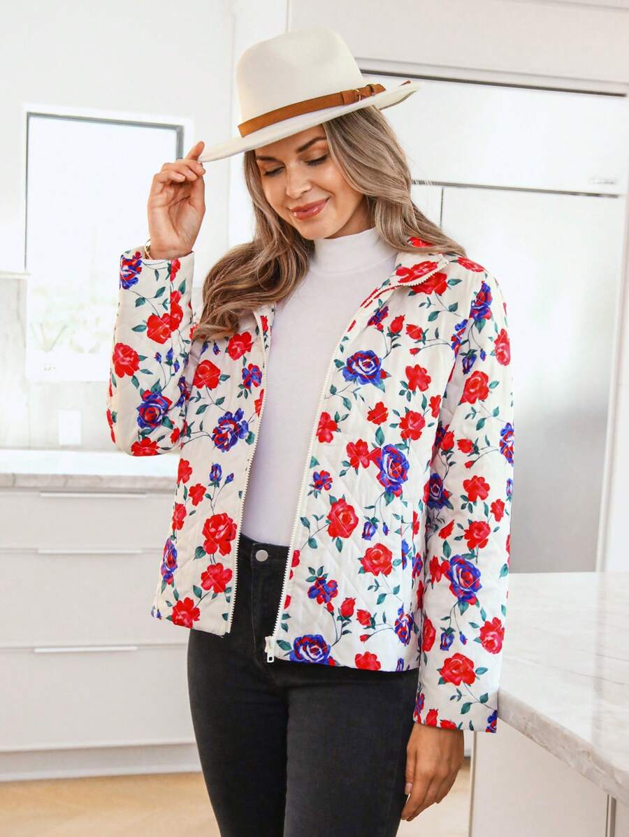 SHEIN LUNE Áo khoác đệm nhẹ họa tiết hoa nhiều màu cho nữ, mùa thu/đông - Nhiều màu - Xem 1
