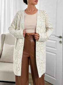 EURMUSE Women Geometric Pattern Hairy Yarn Open Front Pocket Detailed Cardigan - Beige - View 2