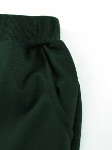 SHEIN 青少年男孩品牌极简主义冷酷个性纯灰色连帽衫，秋季运动休闲百搭针织服装 - 墨綠色 - 查看 3