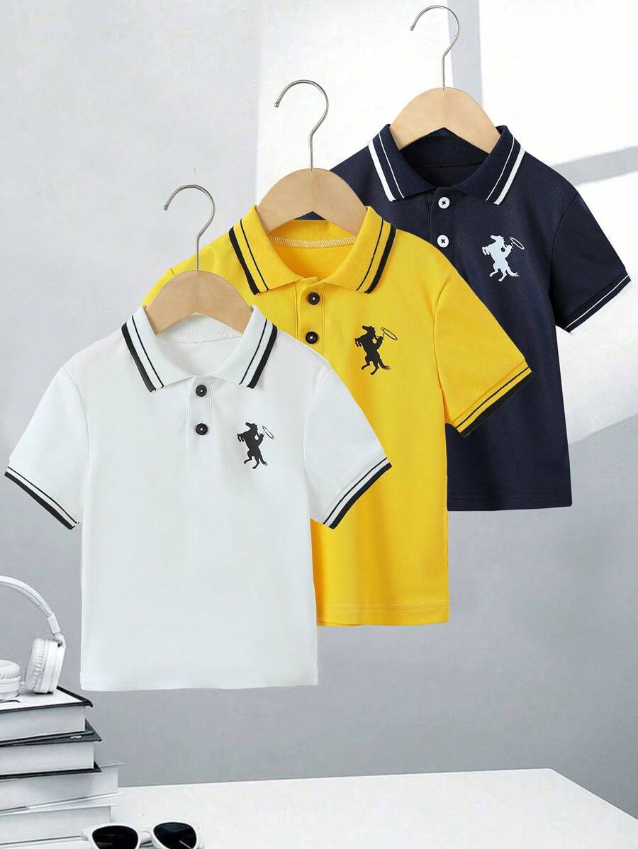 SHEIN Explorewe 3 件套经典时尚拼色骑士印花短袖 Polo 衫,适合 4-7 岁春夏季男孩 - 彩色 - 查看 1
