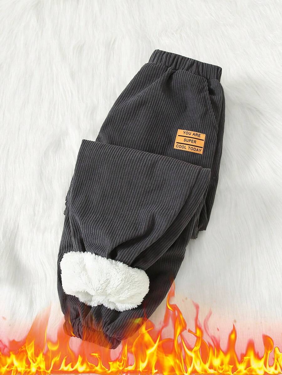 SHEIN 1 件 Tween Boy 保暖内衬休闲裤，适合秋冬季 - 黑色 - 查看 1