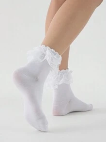ROMWE Kawaii Women Solid Color Lace Splicing Fashion Versatile Mid-Calf Socks, Suitable For Daily Wear - White - View 3
