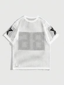 ROMWE MEN Prep World Cup Spring/Summer Casual Graphic White Men'S Number Graphic Round Neck Short Sleeve Jacquard Hollow-Out Knitted Top, Football Style - White - View 2