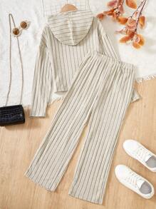 Sparklyn Teen Girl 2pcs/Set Solid Ribbed Hooded Long Sleeve Top And Elastic Waist Pants Casual Outfit - Apricot - View 2