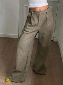 DAZY Quần ống rộng nhung kẻ trơn màu cho nữ có túi - Màu Khaki - Xem 8