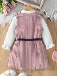 SHEIN 2 件套年轻女孩纯色前扣长袖简约连衣裙和褶皱下摆连衣裙套装 - 粉色 - 查看 2