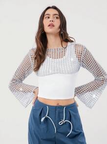 SHEIN EZwear 女士纯色镂空喇叭袖短款套头衫，秋季 - 銀色 - 查看 6