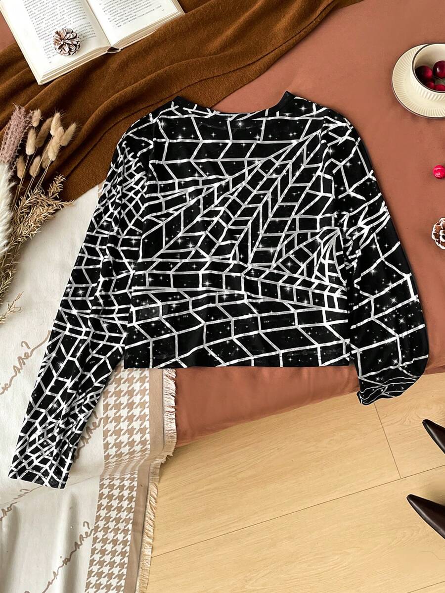 SHEIN Privé Plus Size Metallic Foil Sheer Mesh Long Sleeve Fitted Blouse - Black - View 1