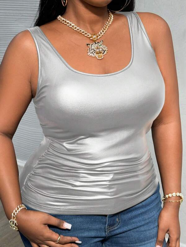 Slaydiva Plus Size Casual All-Match Black Faux Leather Cami Top With Deep U-Neck And Racerback