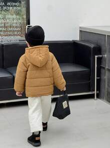 SHEIN Young Boy Winter Solid Color Long Sleeve Zip Collar Hooded Padded Coat & Pants Casual Outfit Set With Scarf - Multicolor - View 2