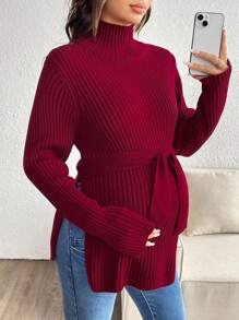 SHEIN Suéter liso de cuello alto de manga larga y unicolor, para uso diario casual en invierno, para maternidad