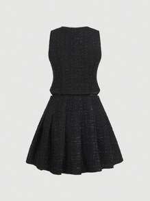 SHEIN MOD Plus Size Vintage Style Casual Button-Front Sleeveless Blazer Vest & Pleated Mini Skirt 2Pcs Set, For Winter
