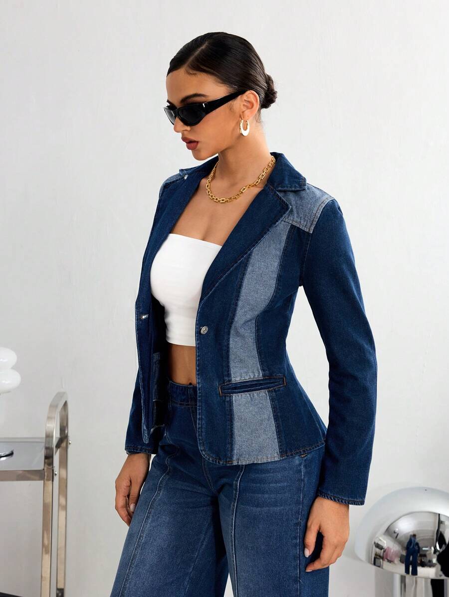 Women Color Block Button Front Long Sleeve Casual Denim Jacket With Spread CollarThermal Thickened Denim - Blue - View 1