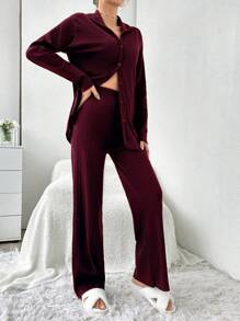 EURMUSE 100%Cotton Shirt Style Buttoned Striped Dark Blue 2-Piece Pajama Set - Burgundy - View 3