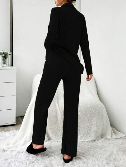 RueChic Women Solid Ribbed Cardigan Top Loose Bell Bottom Pajama Pants Set view 2