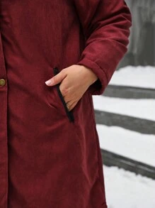 Calvaya 加大码连帽直筒长袖中长款加厚棉服外套衣服冬季 - 酒紅色 - 查看 8