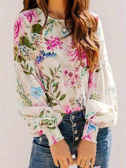SHEIN LUNE Women Round Neck Lantern Sleeve Floral Print Loose Elegant Blouse For Vacation,Long Sleeve Tops Fall Cloth For Women