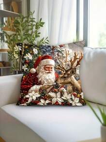 1pc 17.7x17.7 Inch Modern Style Christmas Santa And Reindeer Pattern Soft Velvet Throw Pillow Cover With Zipper Closure, Machine Washable, Polyester, Single-Side Print Decorative Cushion Case For Living Room - Multicolor - View 2