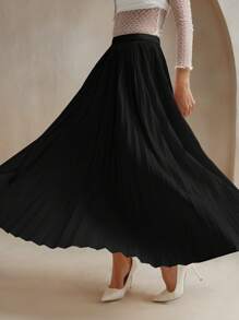 Anewsta Chân váy maxi xếp ly dáng chữ A màu trơn, cạp chun, phong cách thành thị hiện đại dành cho nữ. - màu đen - Xem 5