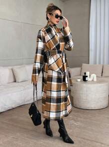 SHEIN Privé Women's Casual Plaid Long Overcoat, Autumn/Winter - Multicolor - View 5