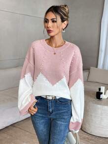 SHEIN Privé 1 件女式纯色拼布圆领长袖休闲手工串珠毛衣 - 彩色 - 查看 6