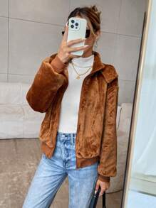 SHEIN Privé Chaqueta con capucha de manga larga y hombros caídos de ajuste holgado, de peluche, para invierno, casual - Café integral - Ver 6