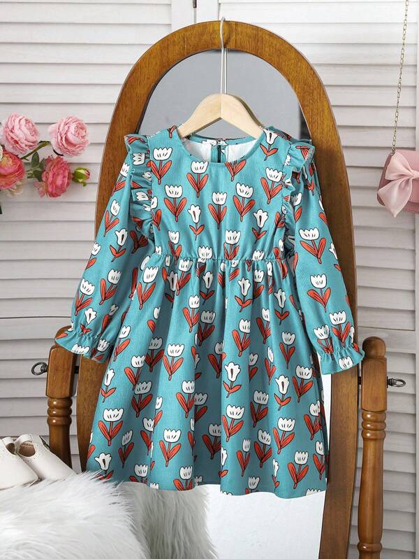 SHEIN Young Girl Green Floral Print Corduroy Dress, Warm And Comfortable Casual Dress, Suitable For Spring, Autumn And Winter