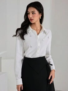 Heiryn 女士纯色水钻装饰前扣优雅长袖衬衫