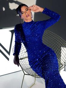 Mock Neck Split Back Sequin Bodycon Party Dress Elegant Long Sleeve Formal Evening Prom Wedding Guest Gown, For Graduation, Dinner - Blue - View 3