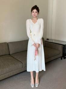 DAZY Abito elegante da donna a maniche a campana di colore unito, adatto per l'autunno e per occasioni come feste di compleanno e balli, con volant, vestito lungo a maniche lunghe per donne - Beige - Visualizzare 9