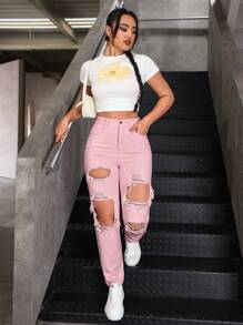 SHEIN EZwear 休闲破洞锥形牛仔裤，适合夏秋季节 - 淺粉色 - 查看 5