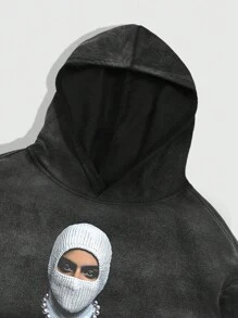 ROMWE MEN Street Life Men's Casual Figure & Acid-Washed Hooded Sweatshirt, Spring/Autumn - Black - View 5