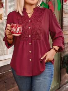 Plus Size Women Fall Plain Color Contrast Lace V-Neck Cuffed Sleeve Casual Blouse - Burgundy - View 5