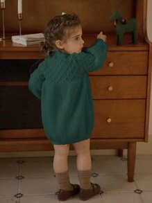 SHEIN Baby Girl Cute Solid Color Lantern Sleeve Sweater Dress, Crew Neck, Autumn/Winter