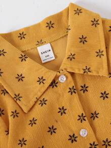 Young Girl Full Floral Print Button-Front Long Sleeve Casual Shirt