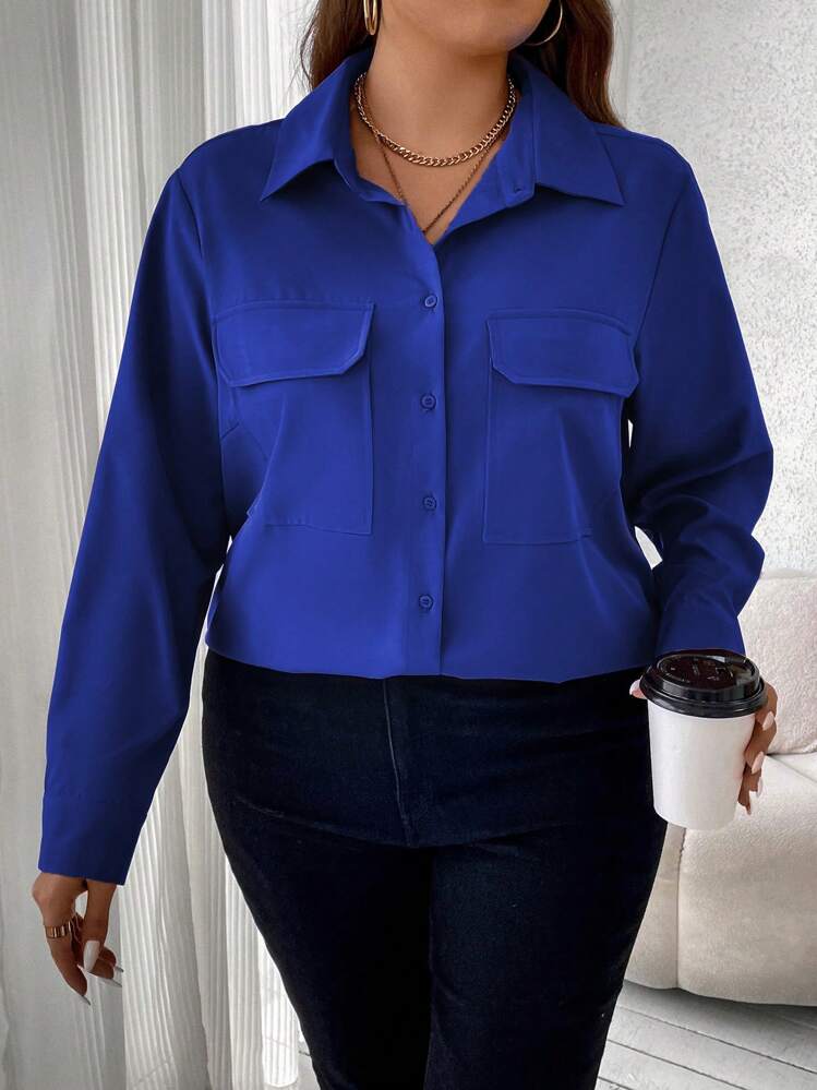Vionelle Blusa suelta informal con bolsillo útil de unicolor y manga larga para mujer de talla grande, camisa de mujer para otoño - azul real - Añade 3