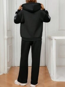 SHEIN Bộ 2 món/Bộ đồ bầu thường ngày in chữ ngôi sao năm cánh hở vai dài tay có mũ trùm đầu và quần nỉ, mùa thu - màu đen - Xem 2