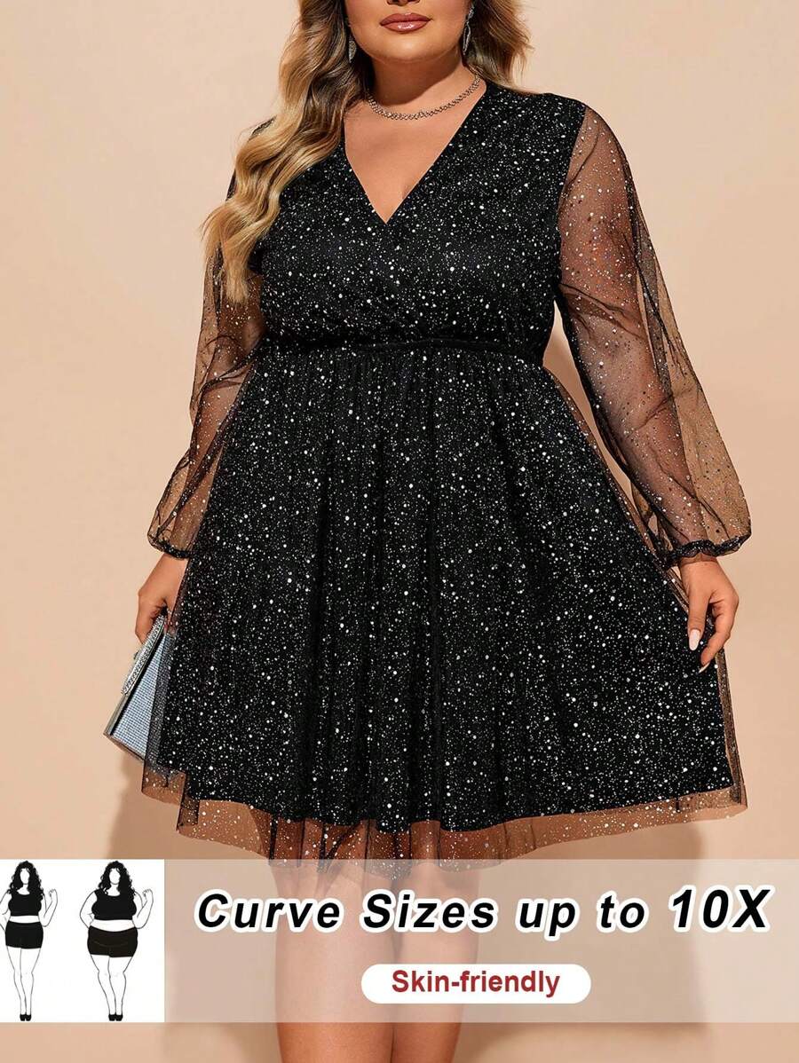 SHEIN CURVE+ Plus Size Women's Sequin Decor Mesh Long Sleeve Dress