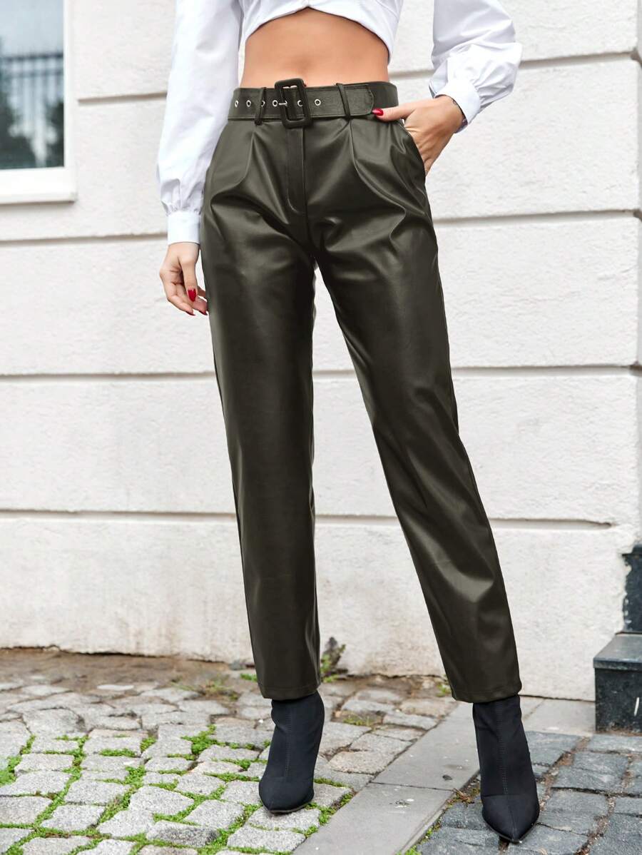 EURMUSE Buckle Belted PU Pants - Dark Green - View 1