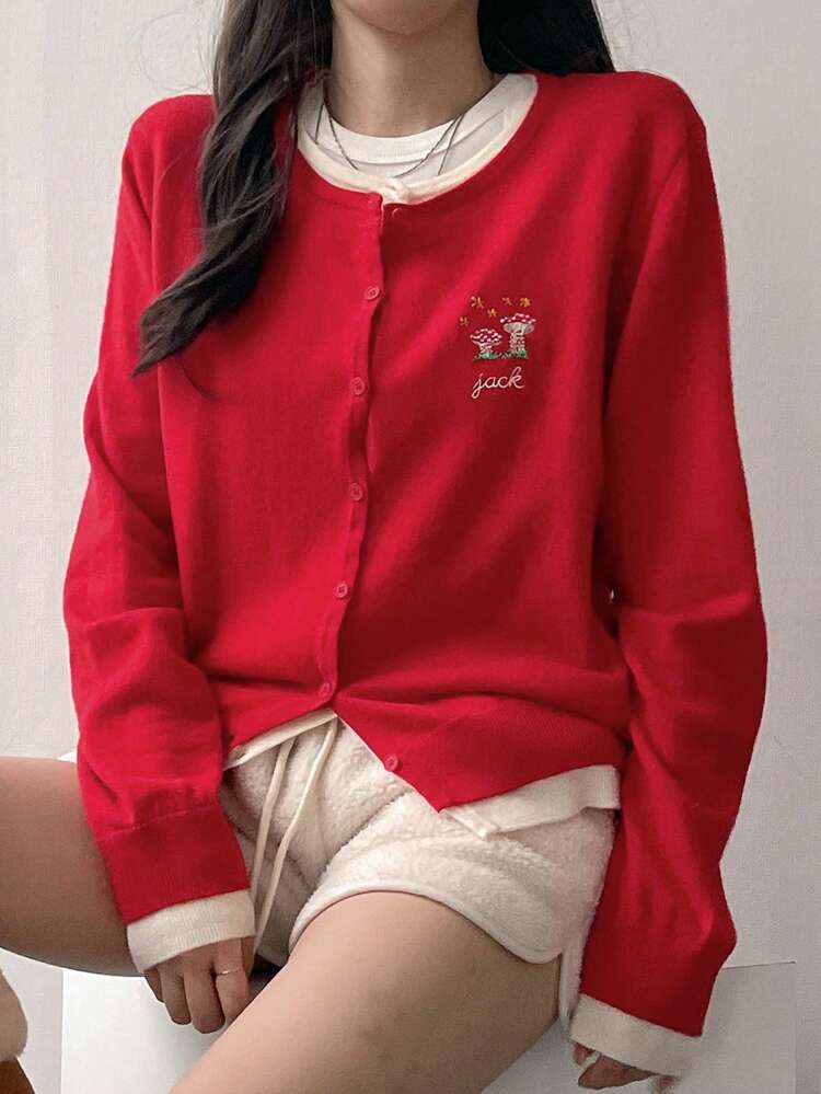 Women Embroidered Pattern Button Front Long Sleeve Cardigan Fall,Winter
