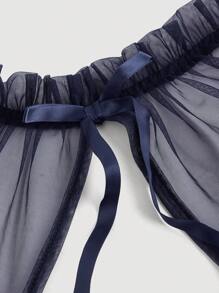 SHEIN MOD 大码女式黑色高领撞色网眼喇叭袖系带长袖连衣裙，背部饰有透明蝴蝶结，开学连衣裙 - 藏蓝色 - 查看 3