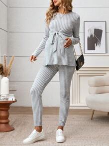 SHEIN Bộ đồ bà bầu dài tay dệt kim gân màu trơn cho nữ, bộ đồ dệt kim gân - Màu Xám nhạt - Xem 5