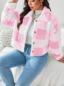SHEIN LUNE Winter Plus Size Groen Geruit Fleece Jack Winter Dameskleding Valentijnsdag Vakantie Outfit