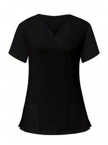 PopScrub Women's Solid Color V-Neck Short Sleeve Pocket Casual Nursing Uniform Scrub Top - Black - View 5